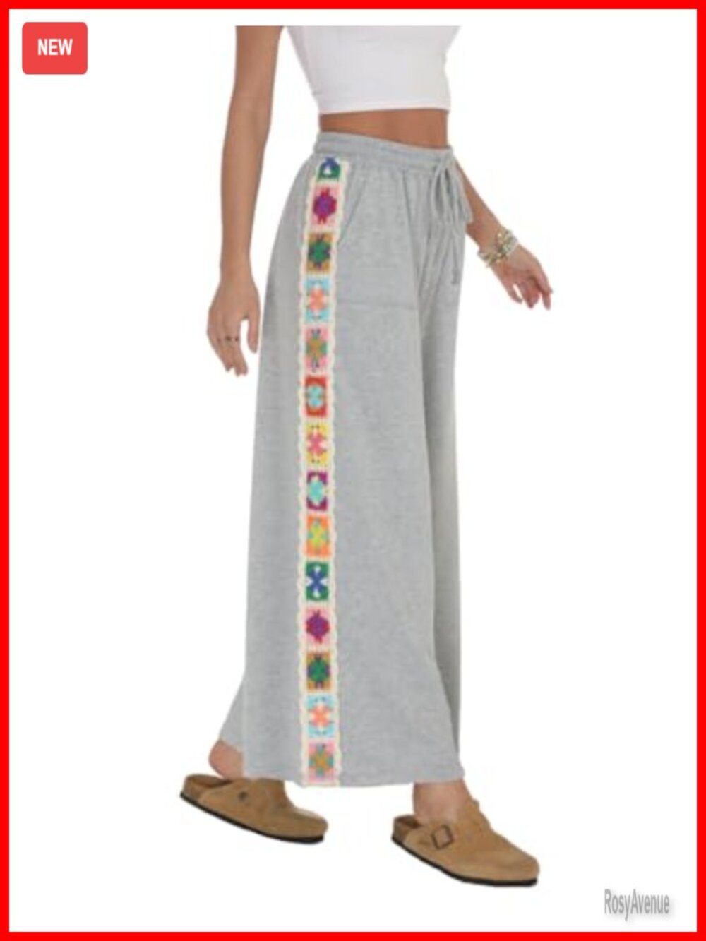 Womens Wide Leg Palazzo Pants High Rise Drawstring Crochet Panel Lounge Yoga